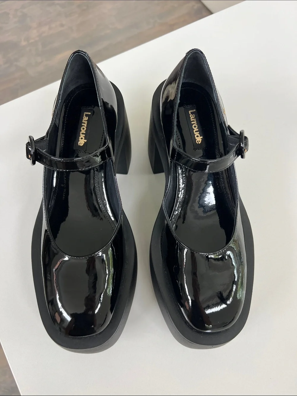 Larroude olivia black patent leather chunky platform mary jane pumps heels 8